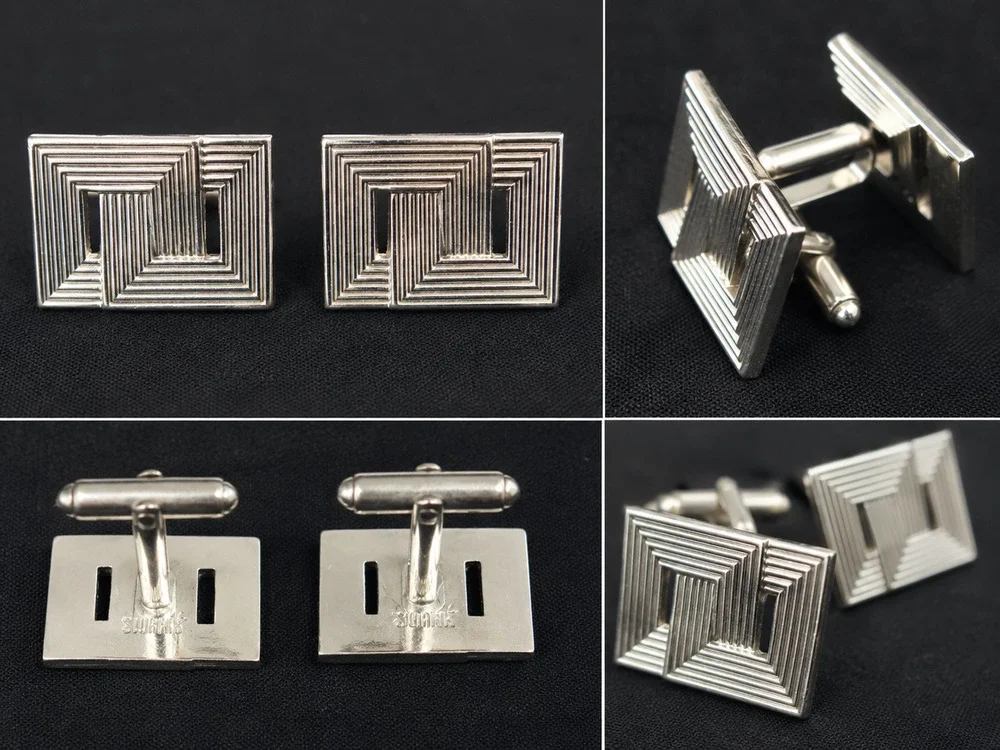 Vintage Swank Silver Tone Geometric Maze Cufflinks Mid Century Modern Men's